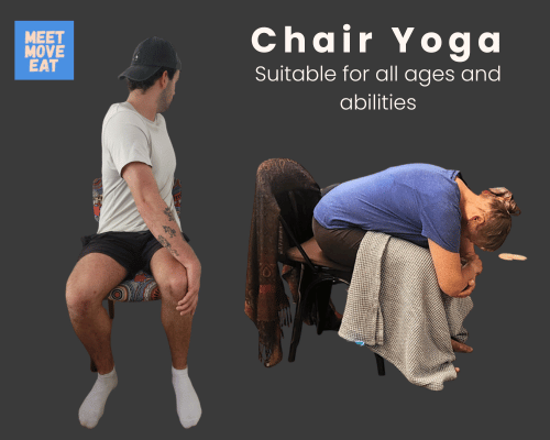 Chair yoga with man twisting and a woman folding forward